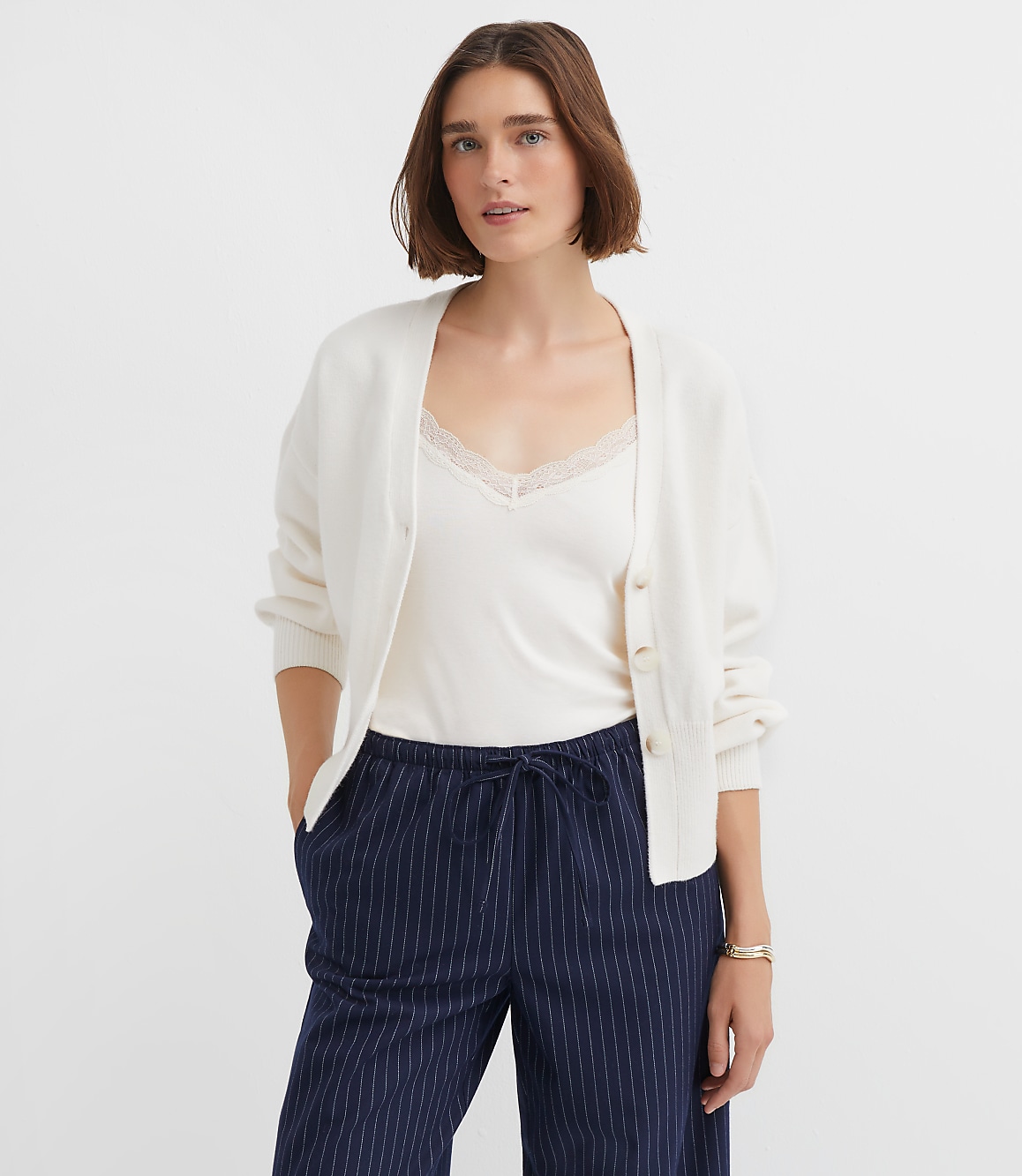 Ribtrim Blouson V-Neck Cardigan