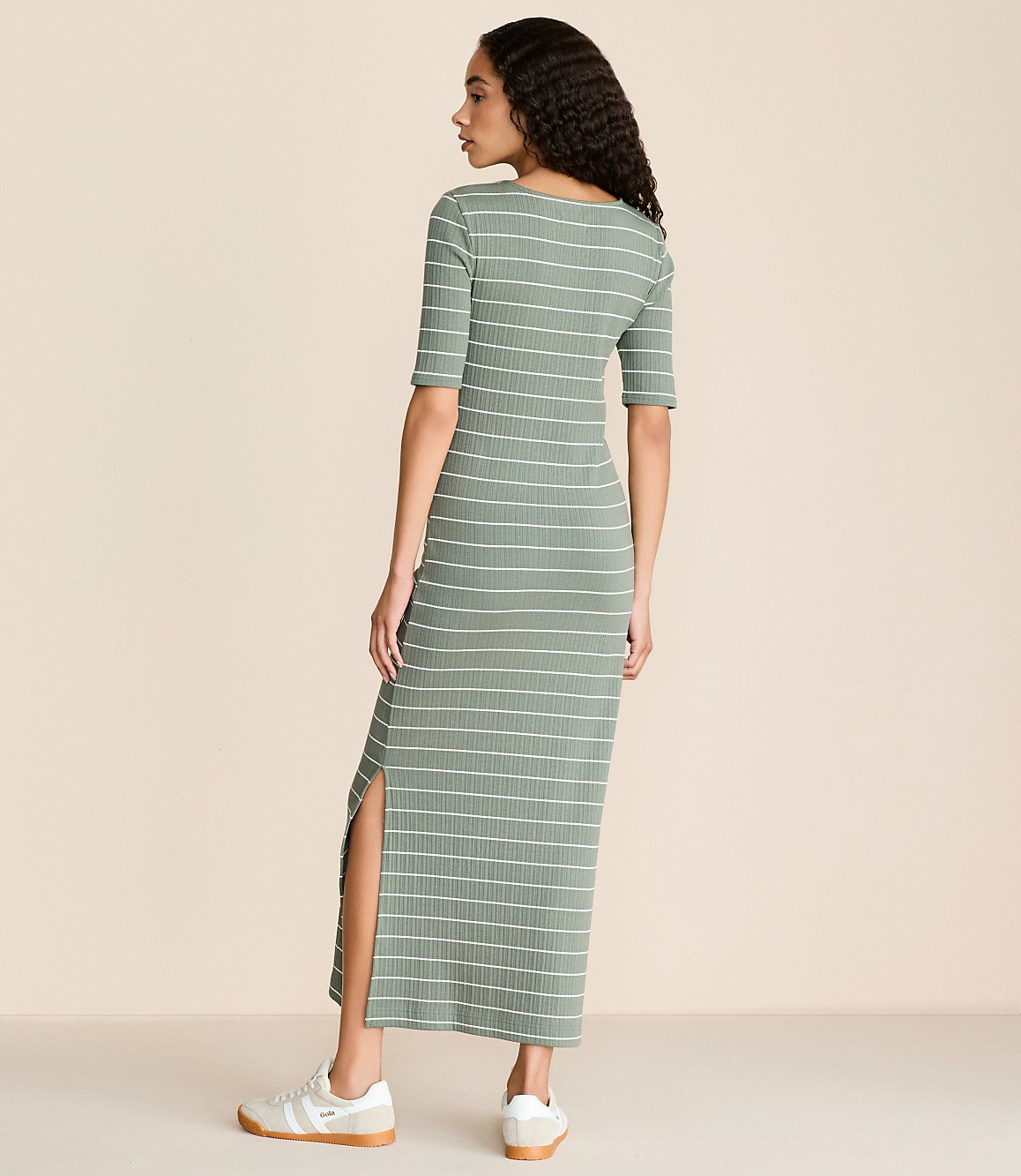Lou & Grey Stripe Ribbed Maxi Elbow Sleeve Dress