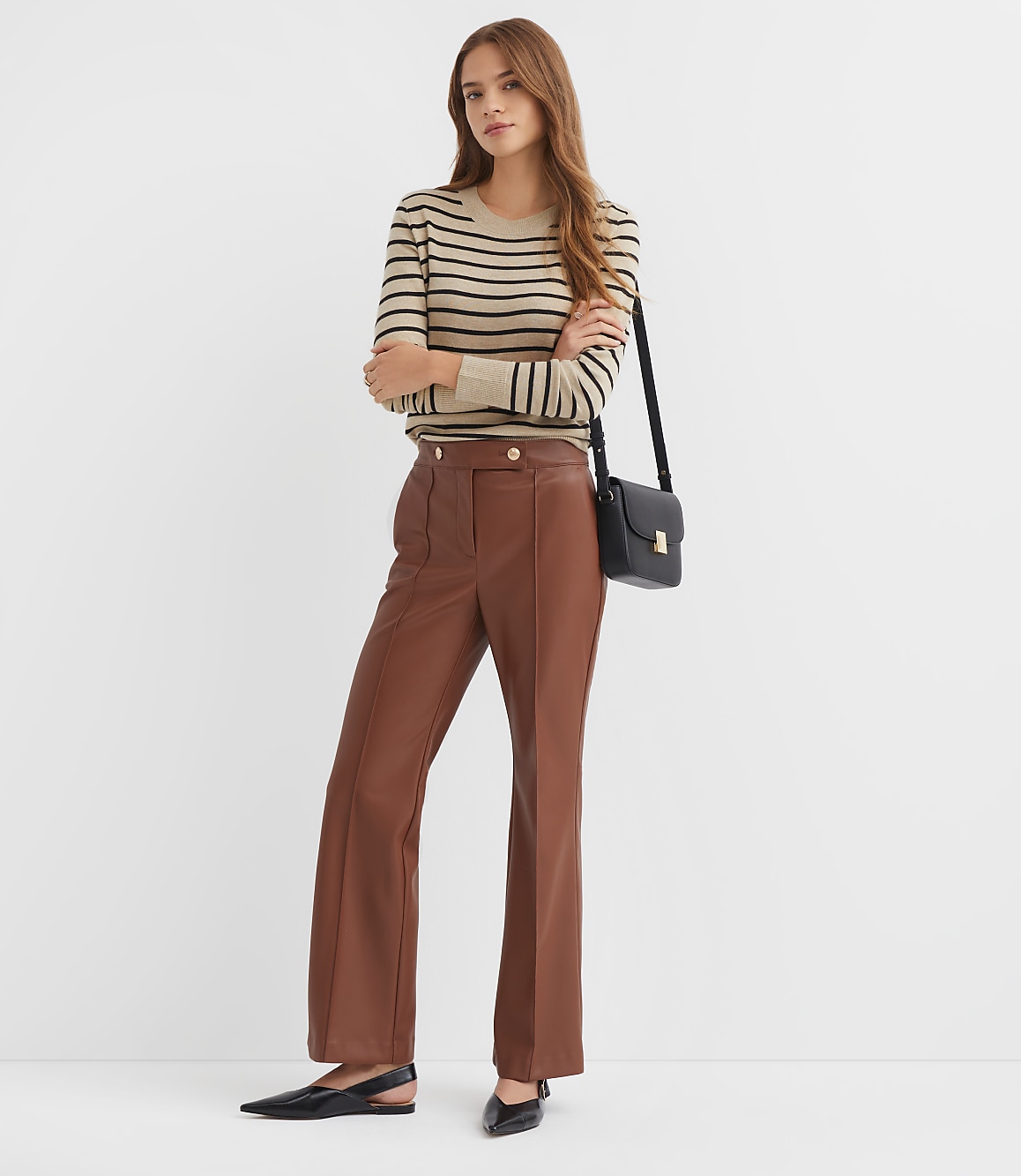 Petite Pintucked Flare Pants in Faux Leather