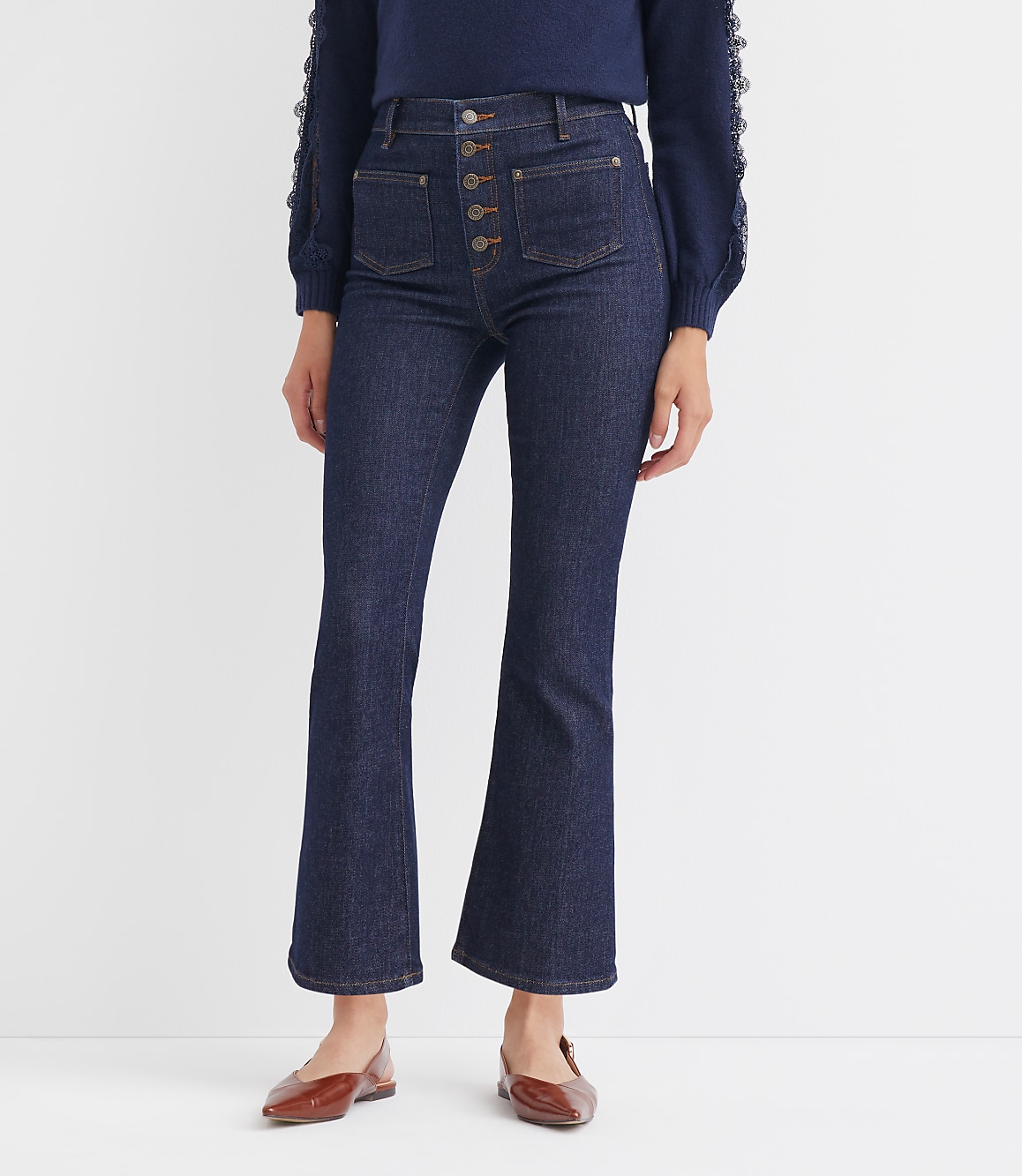Petite Patch Pocket High Rise Kick Crop Jeans in Classic Rinse Wash