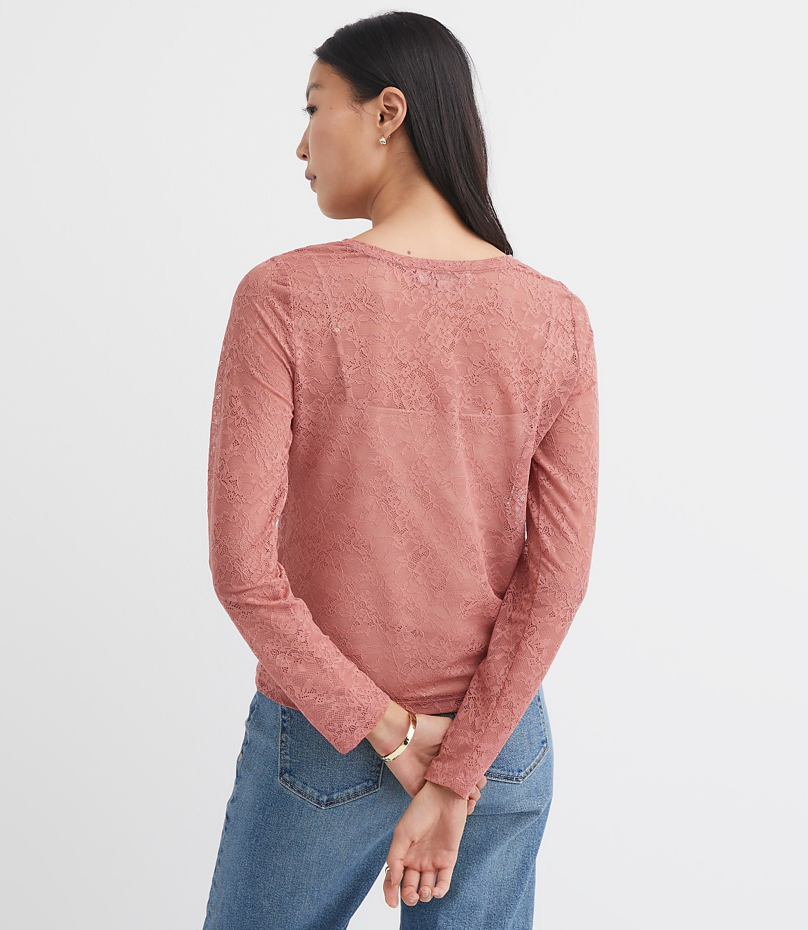 Petite Floral Lace Long Sleeve Crew Neck Tee