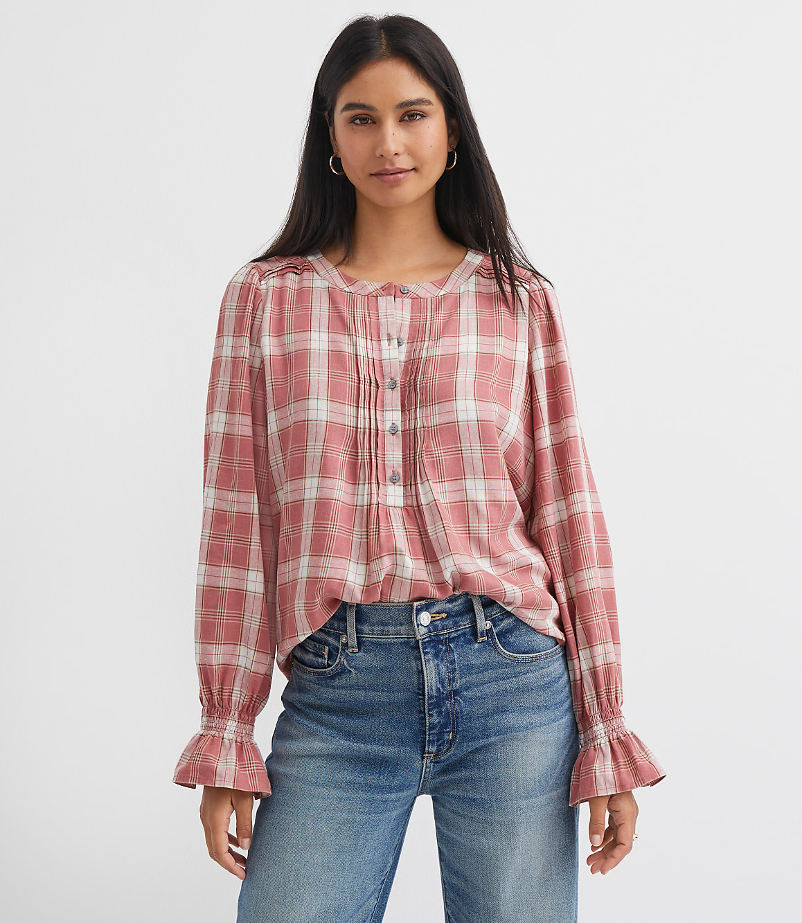 Plaid Pleated Henley Blouse