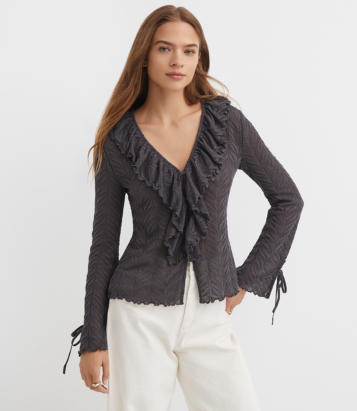 Pointelle Ruffle Tie Cuff Top
