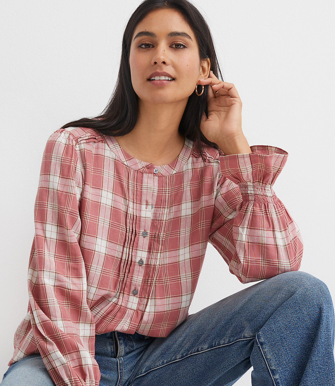 Petite Plaid Pleated Henley Blouse