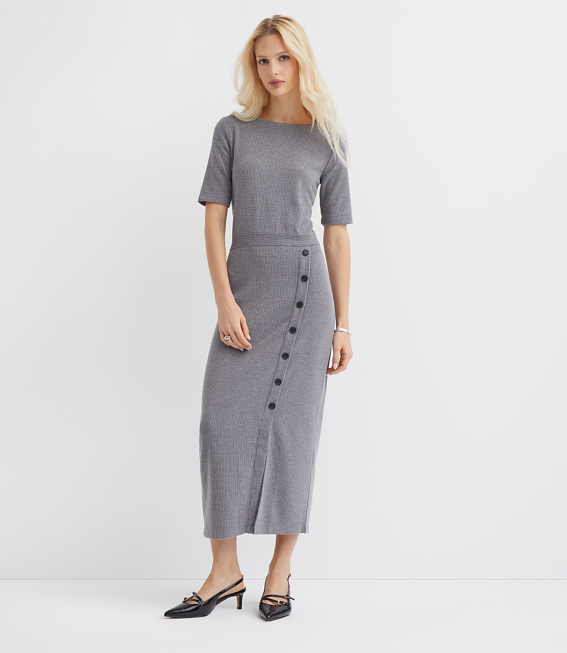 Petite Ribbed Button Trim Midi Dress