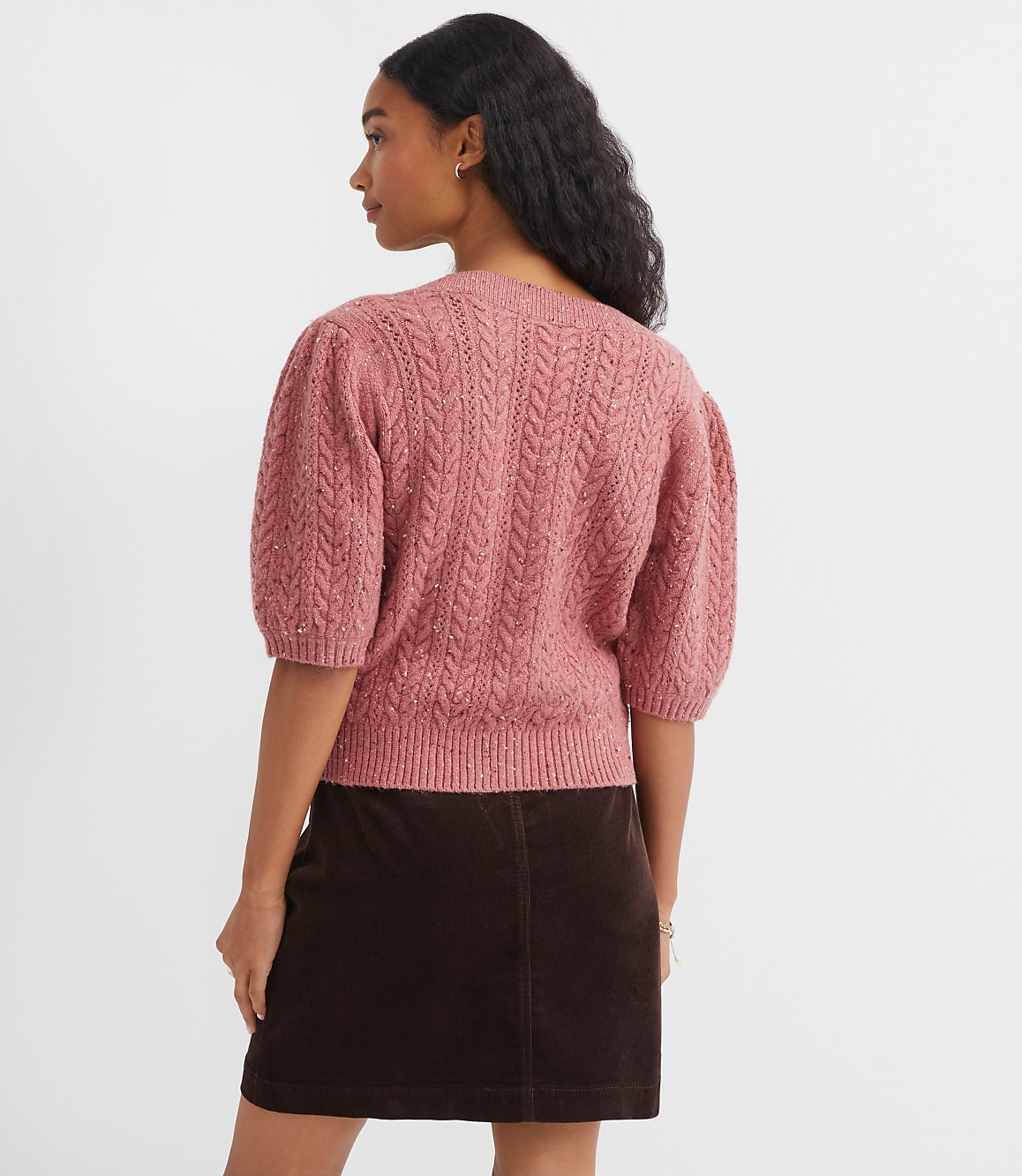 Petite Flecked Stitchy Puff Sleeve Cardigan