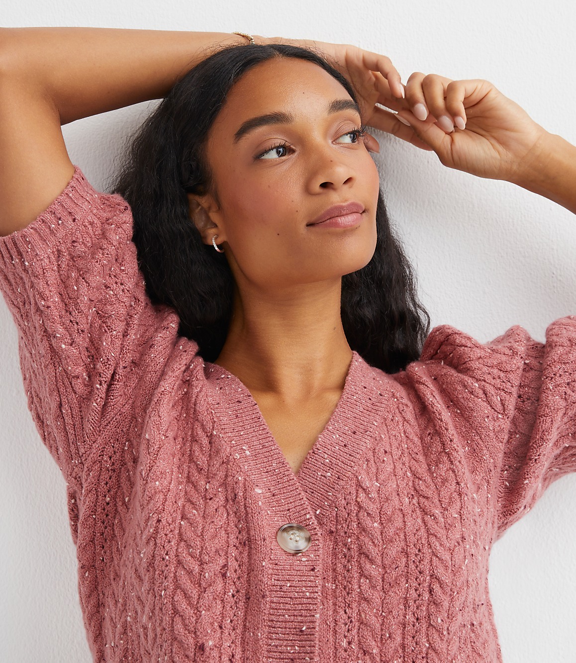 Petite Flecked Stitchy Puff Sleeve Cardigan