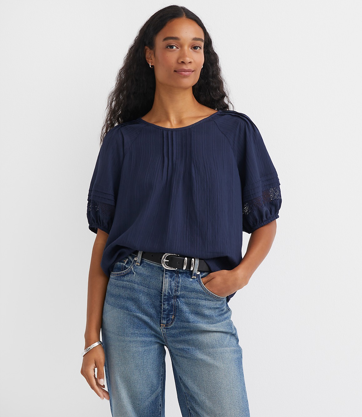 Striped Lace Trim Pintucked Blouse