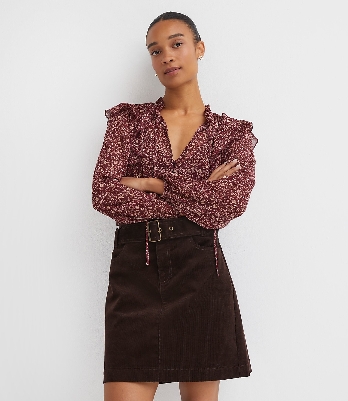 Brushed Corduroy Belted Mini Pocket Skirt