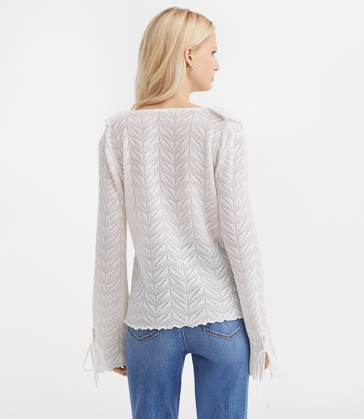 Pointelle Ruffle Tie Cuff Top