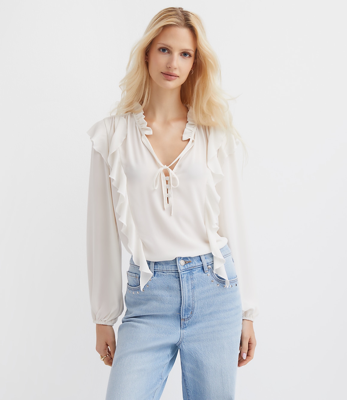 Ruffle Button Tie Neck Blouse
