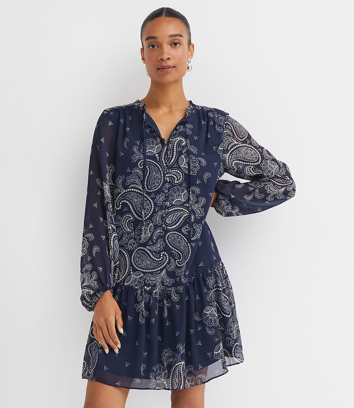 Paisley Button Flounce Mini Dress