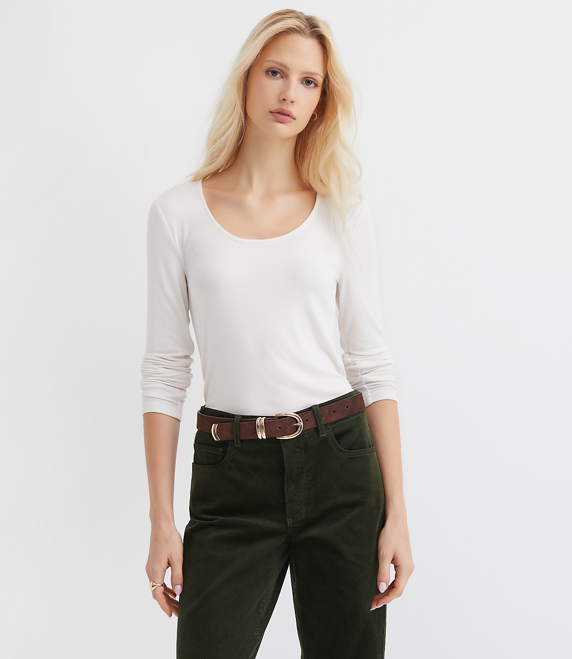 Ribbed Scoop Neck Long Sleeve Tee