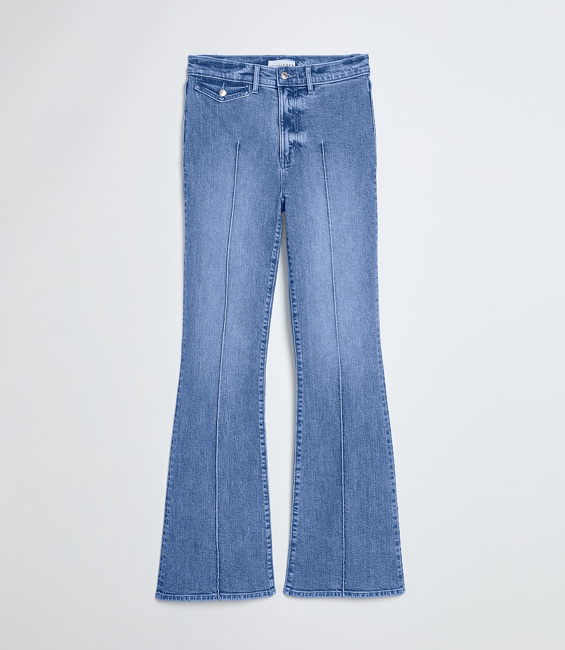 Petite Pintucked High Rise Slim Flare Jeans in Medium Stone Wash