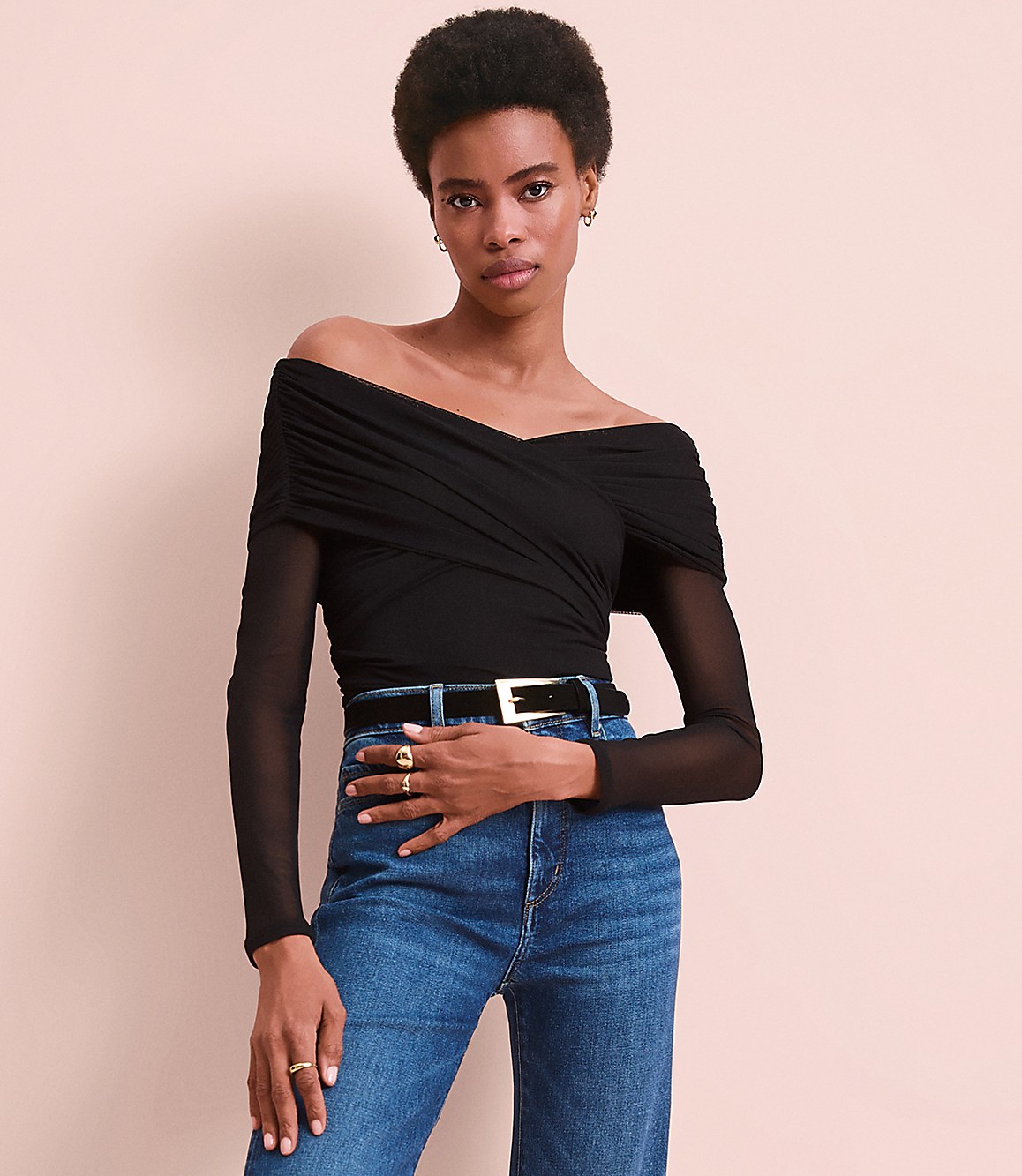 Mesh Ruched Off The Shoulder Top
