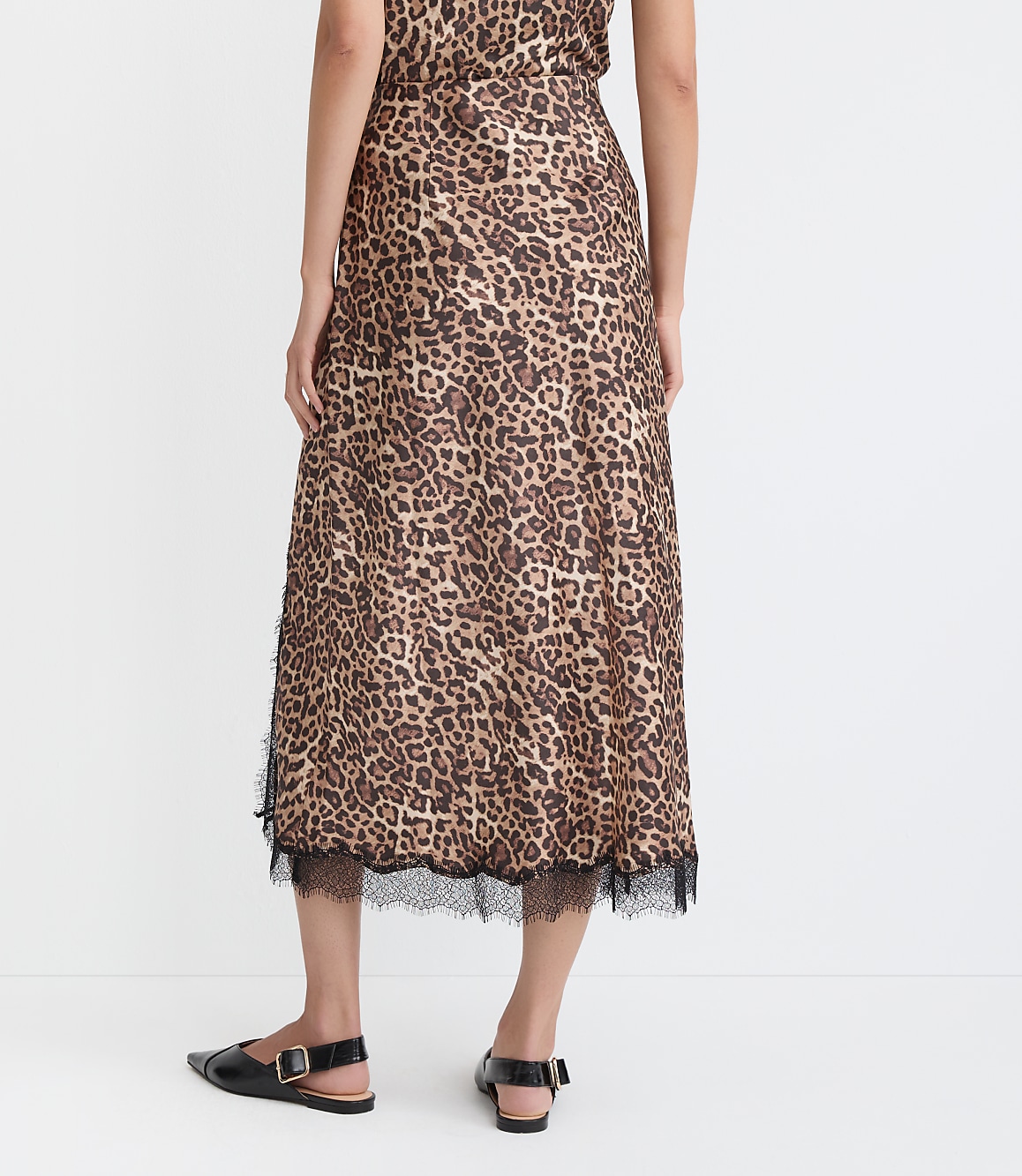 Leopard Print Lace Trim Satin Bias Midi Skirt