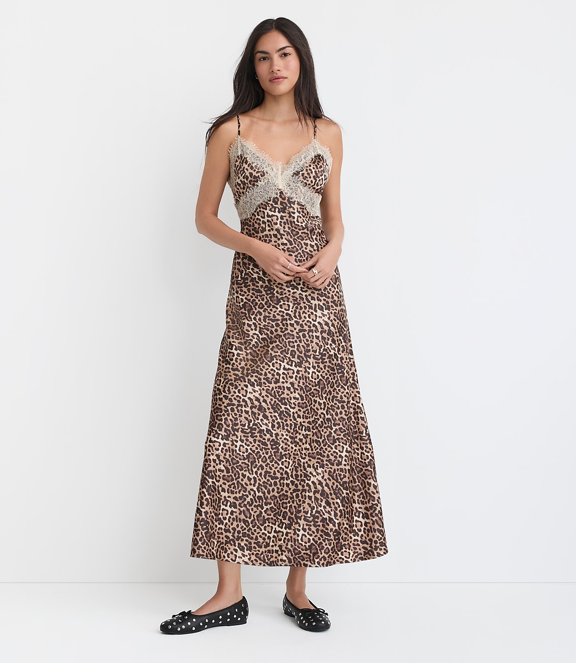 Leopard Print Lace Trim Satin Midi Slip Dress