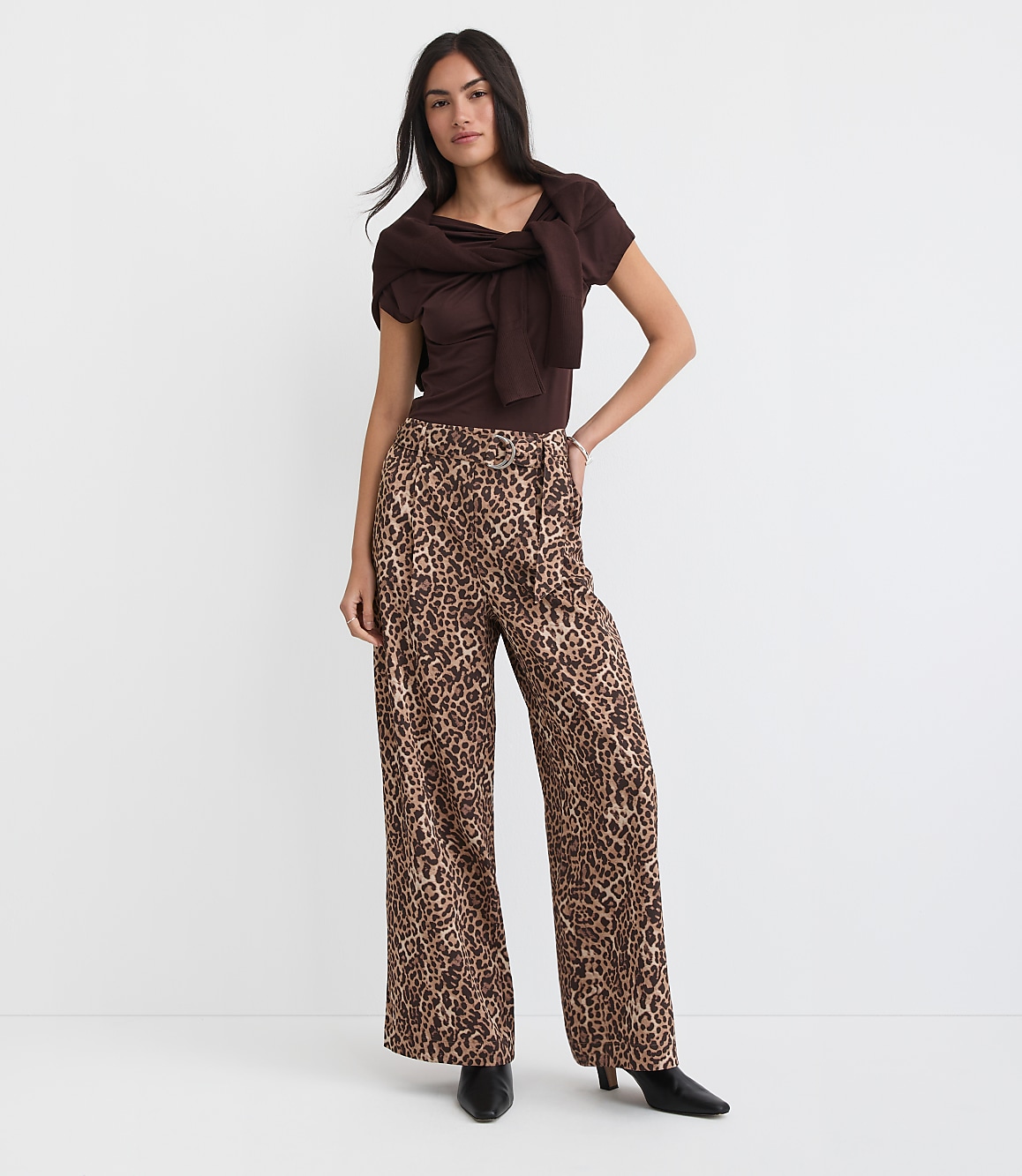 Petite Belted Fluid Pull On Wide Leg Pants in Leopard Print
