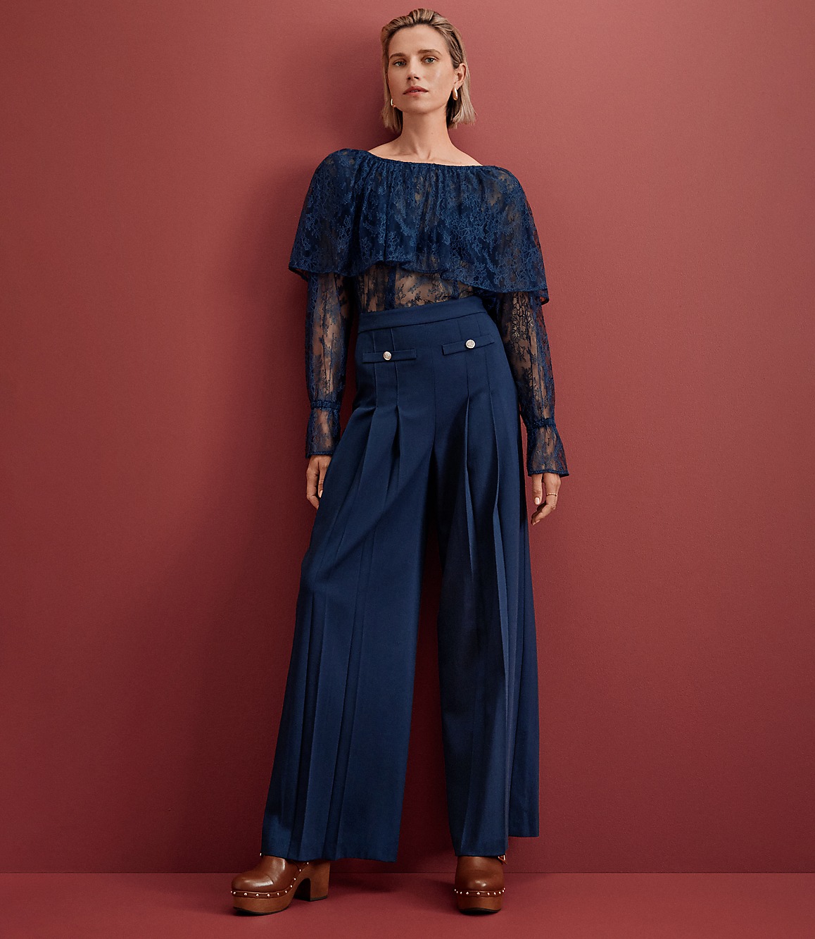 Pleated Ultra Wide Leg Pants in Twill