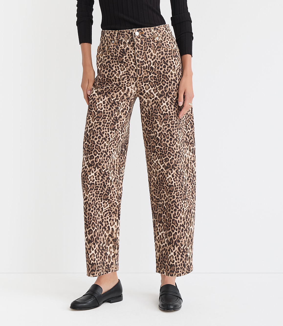 Petite High Rise Barrel Jeans in Leopard Print