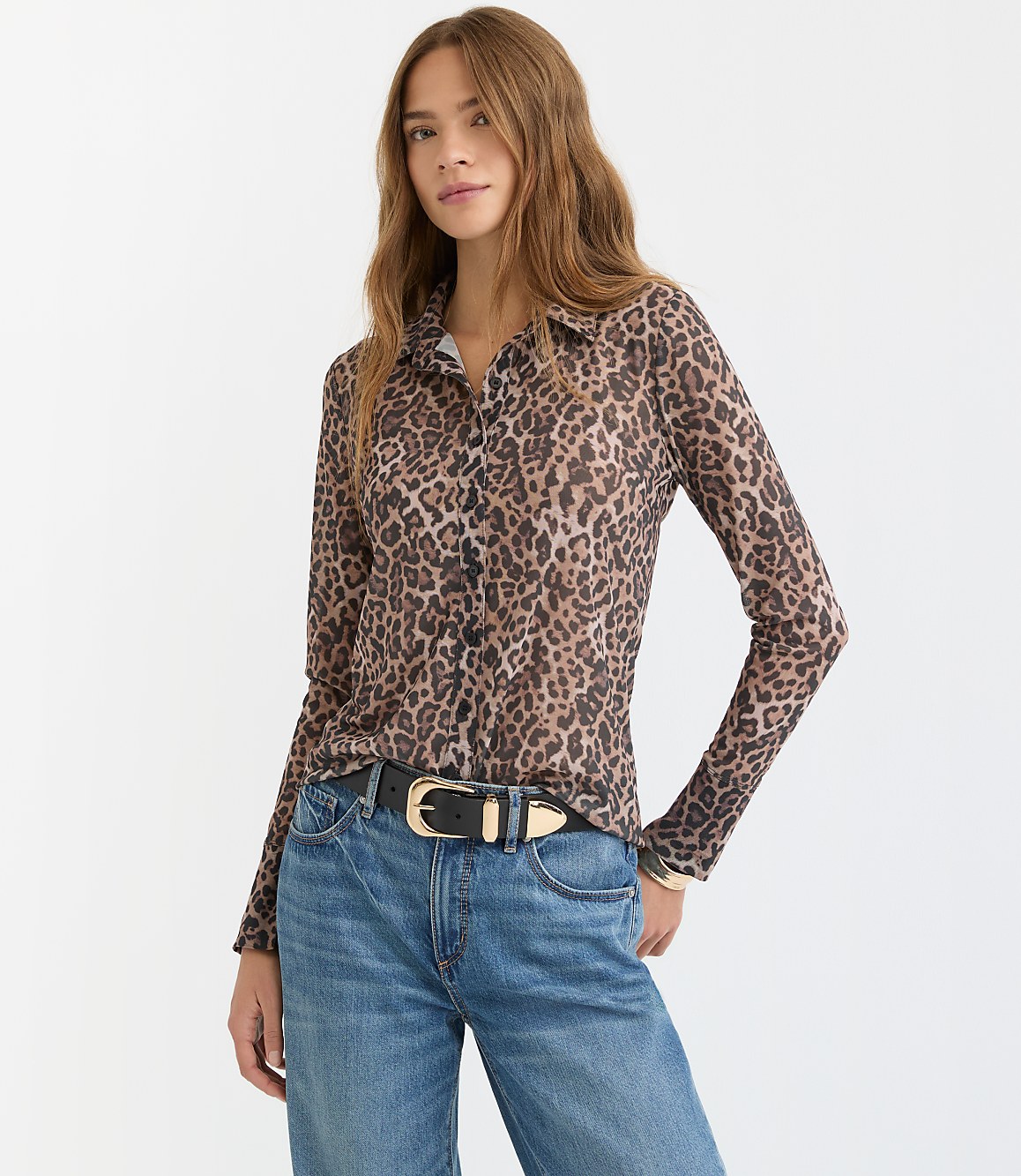 Petite Leopard Print Mesh Shirt