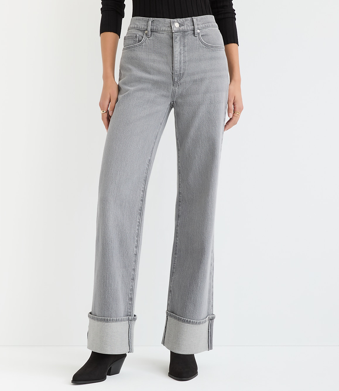 Cuffed High Rise Wide Leg Jeans in Grey