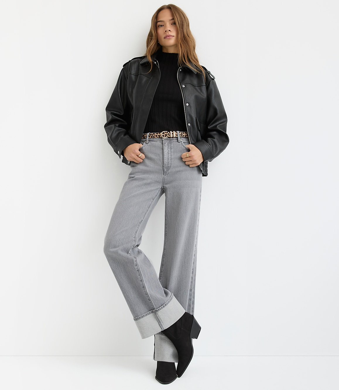 Cuffed High Rise Wide Leg Jeans in Grey