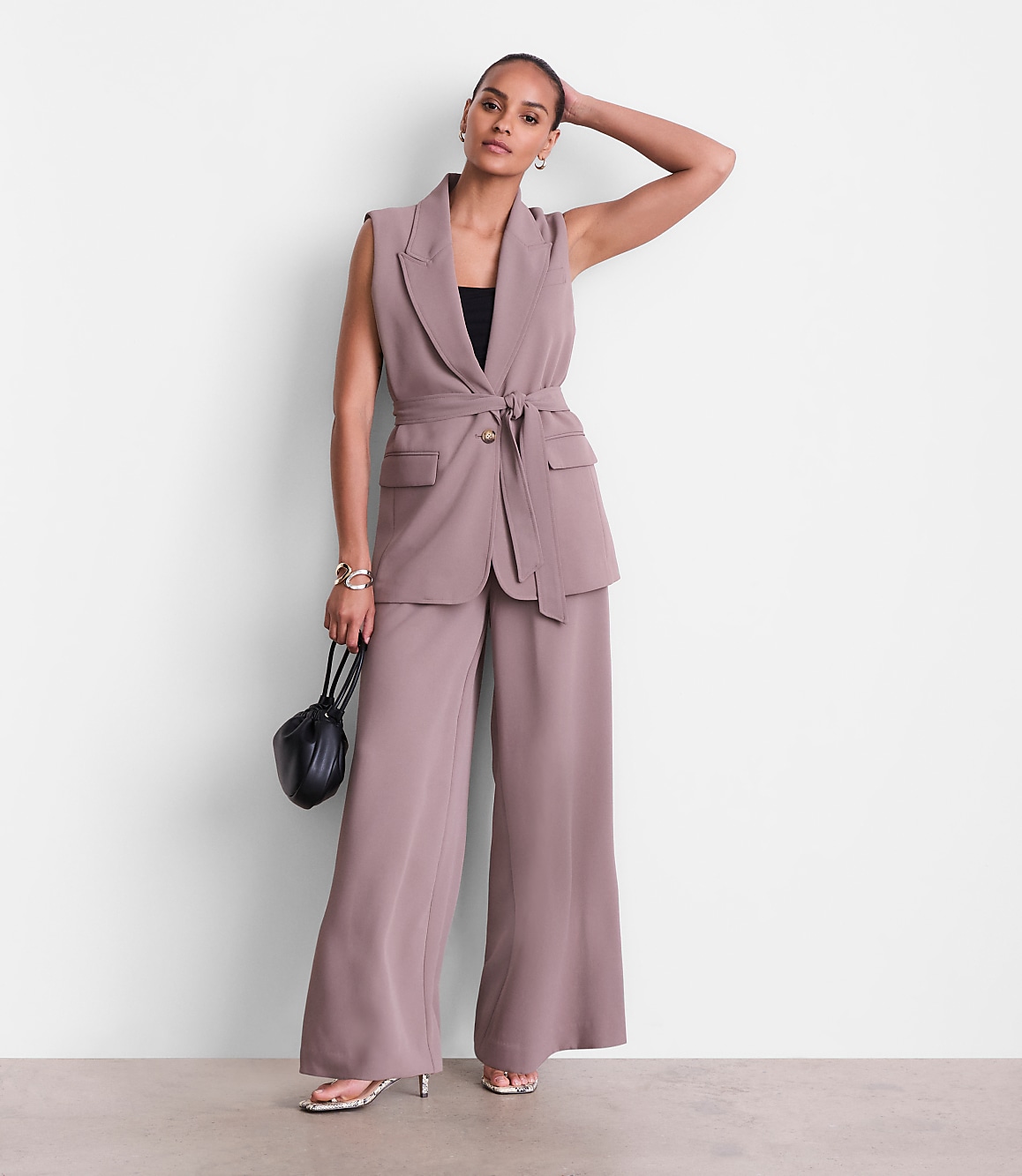 Petite LOFT Versa Crepe Drape Belted Blazer Vest