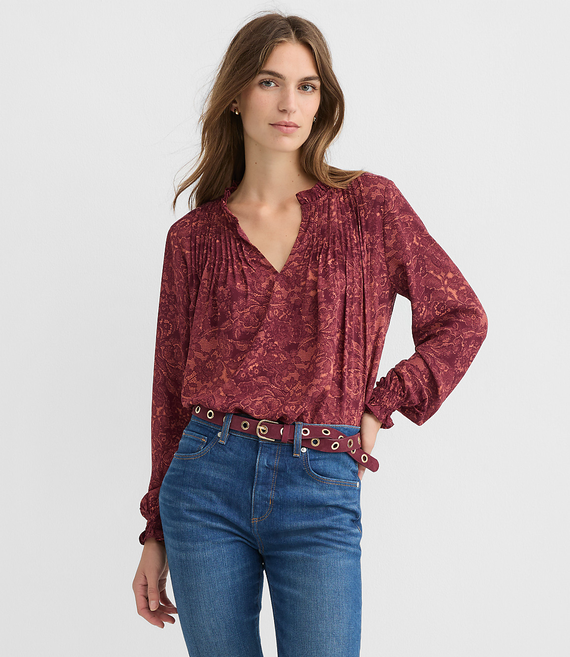 Lace Print Pintucked Ruffle Mixed Media Blouse