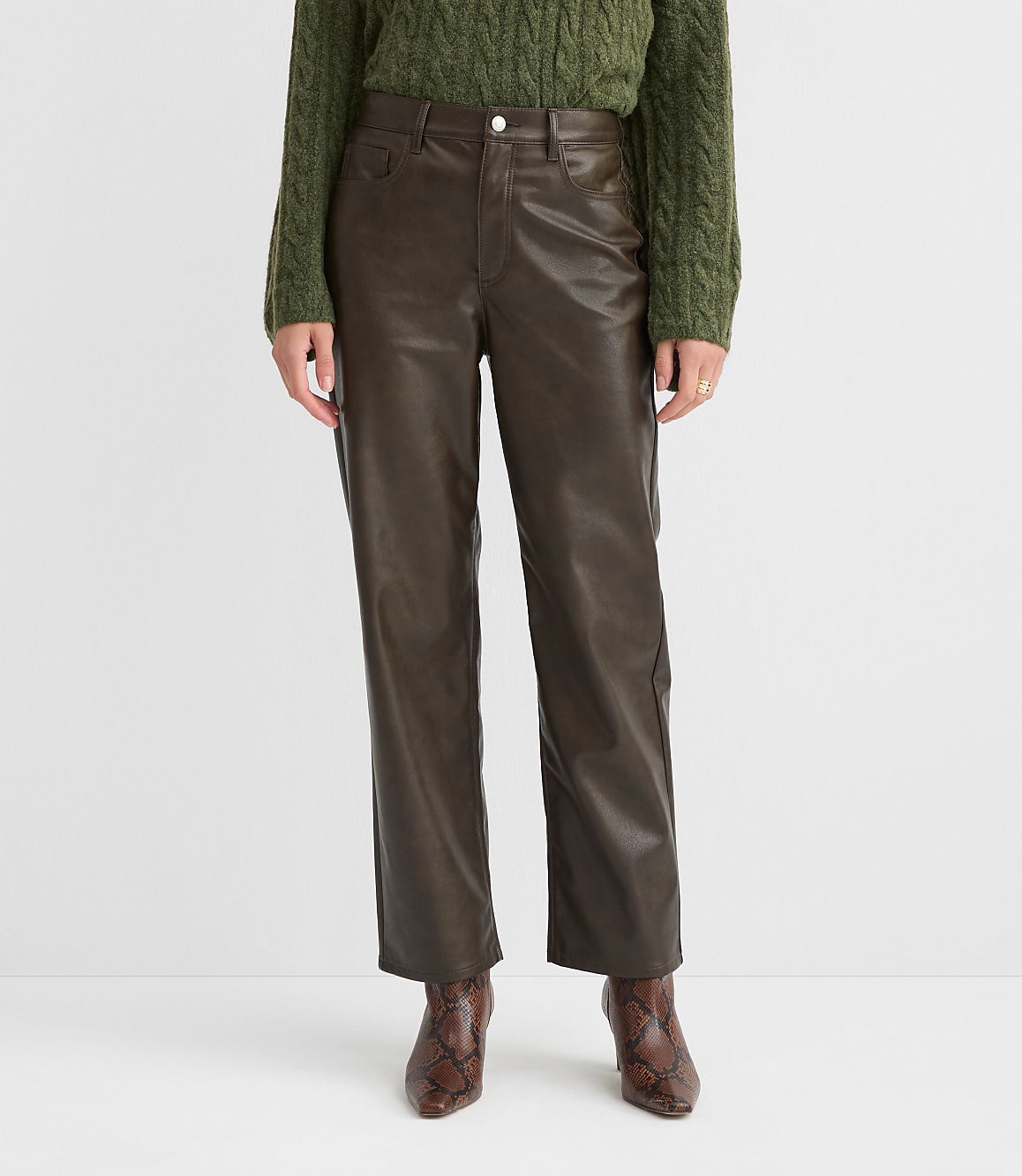Curvy Five Pocket Straight Pants in Faux Leather