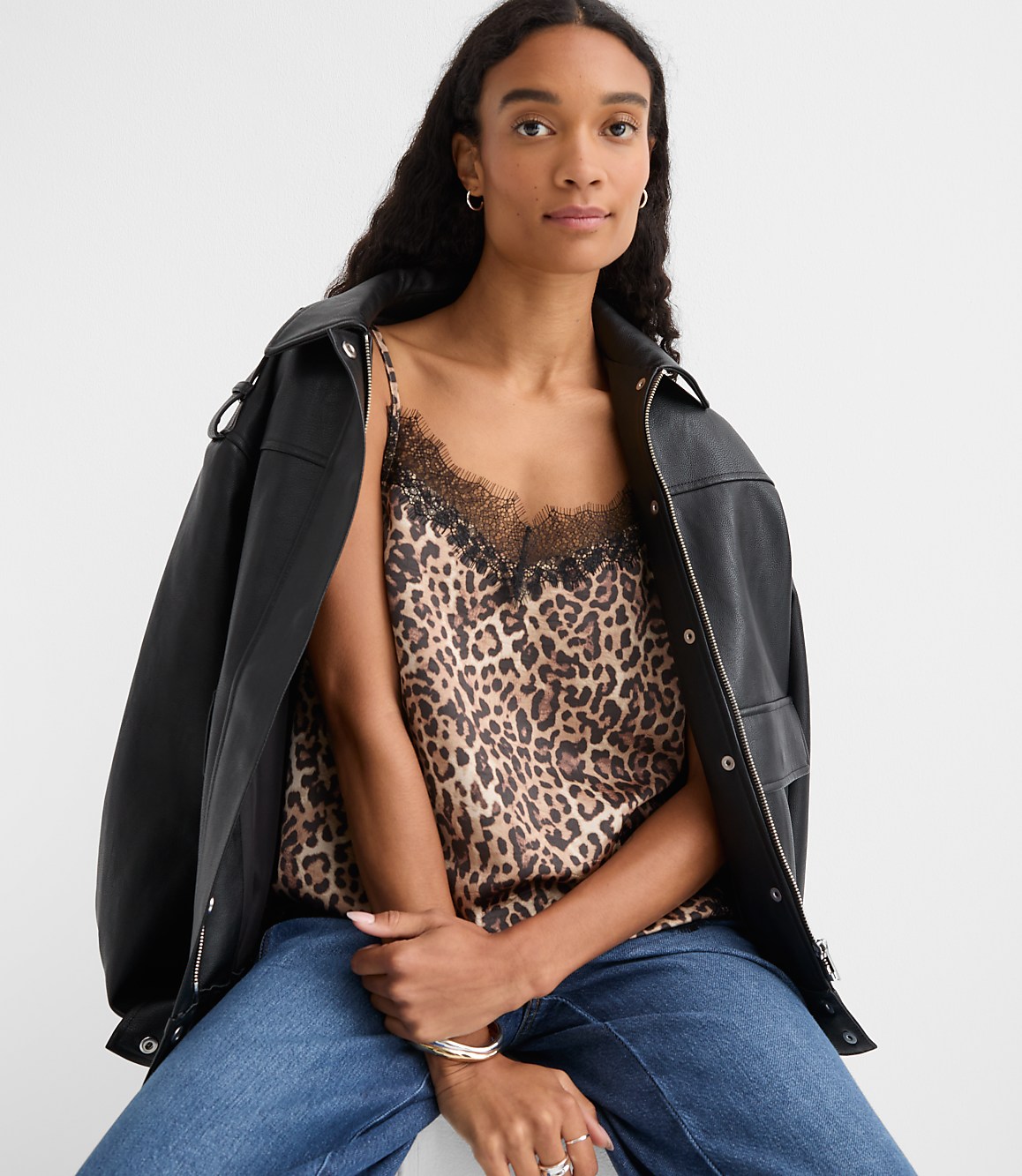 Petite Leopard Print Lace Trim Satin Cami