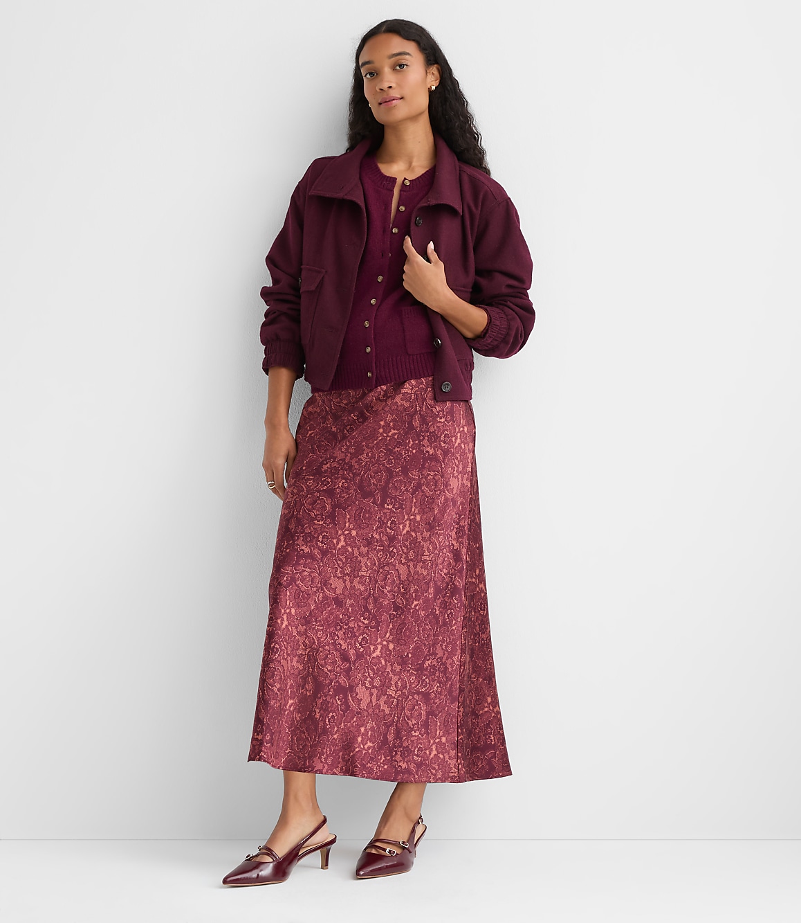 Floral Lace Print Satin Bias Maxi Skirt
