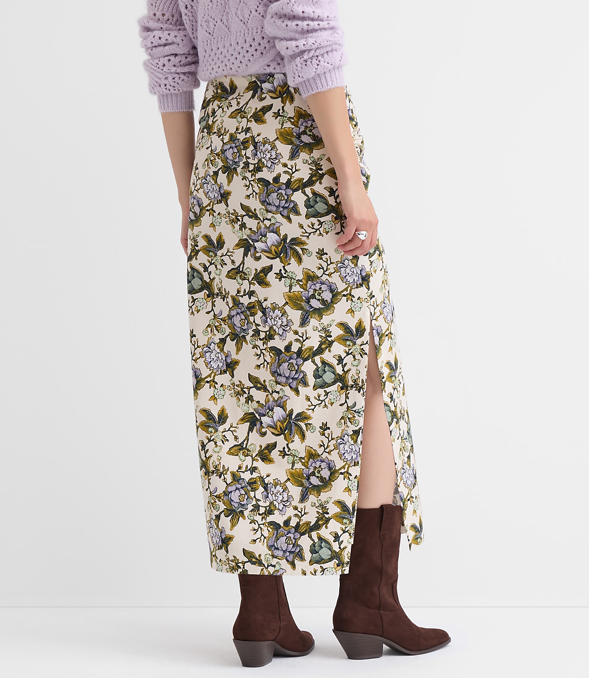 Petite Floral Side Ruched Midi Skirt