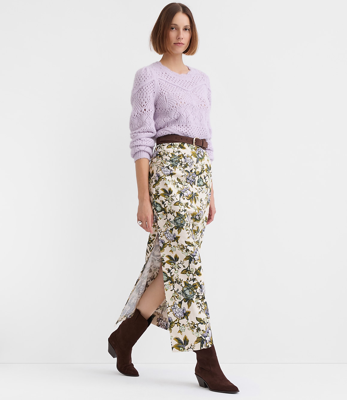 Petite Floral Side Ruched Midi Skirt