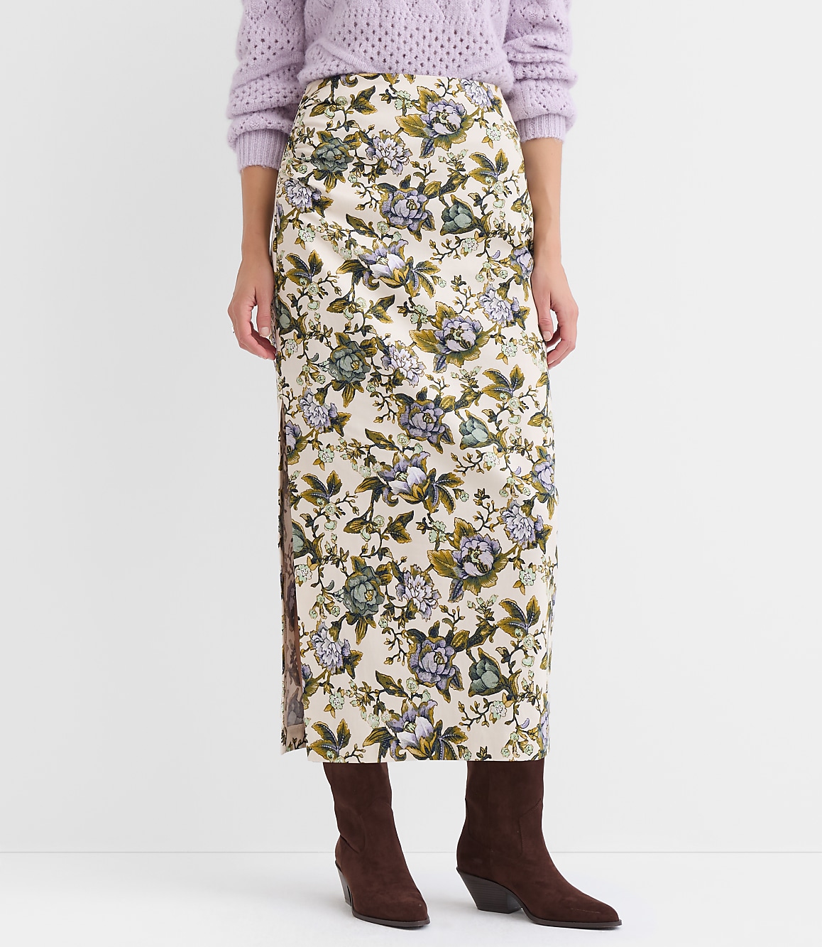 Petite Floral Side Ruched Midi Skirt