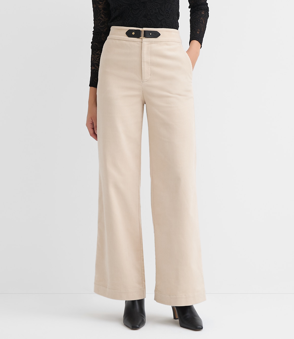 Faux Leather Buckle Wide Leg Corduroy Pants