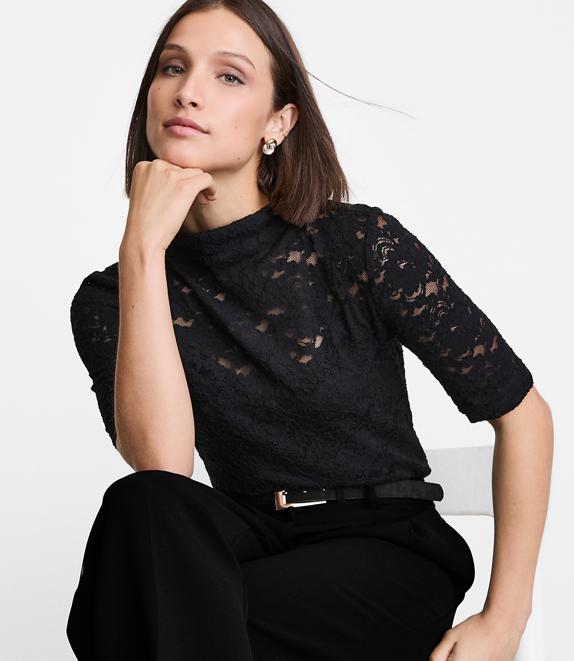 LOFT Versa Lace Elbow Sleeve Turtleneck Top