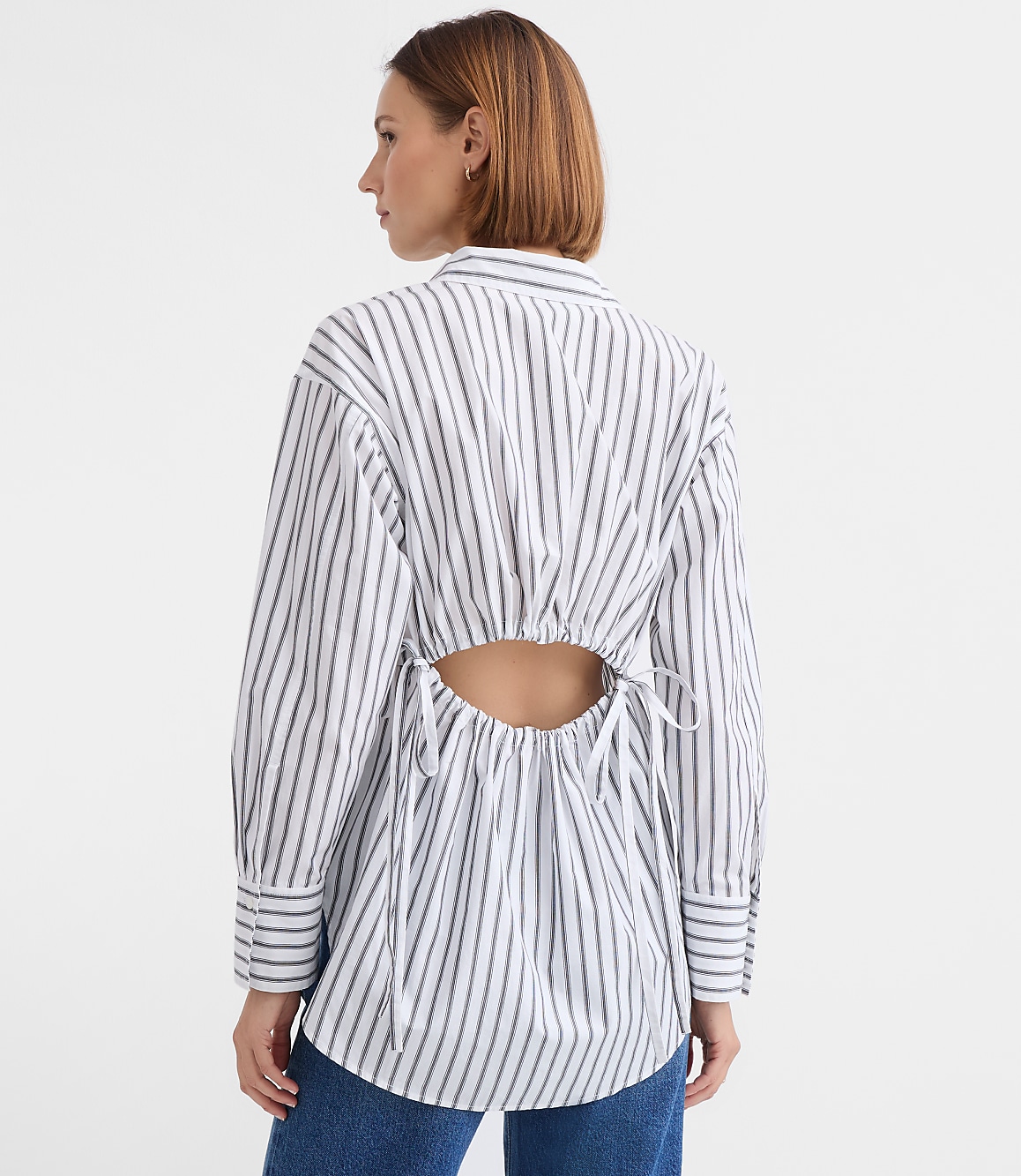 Striped Poplin Cutout Back Tunic Shirt