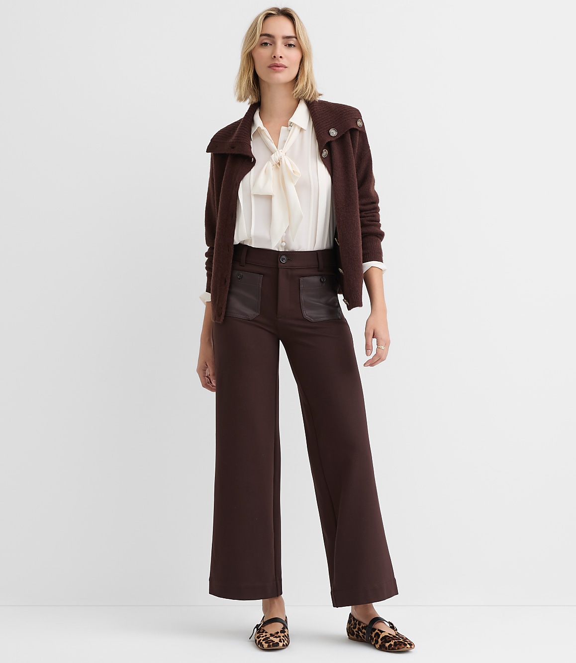 Petite Faux Leather Pocket Palmer Wide Leg Pants in Ponte