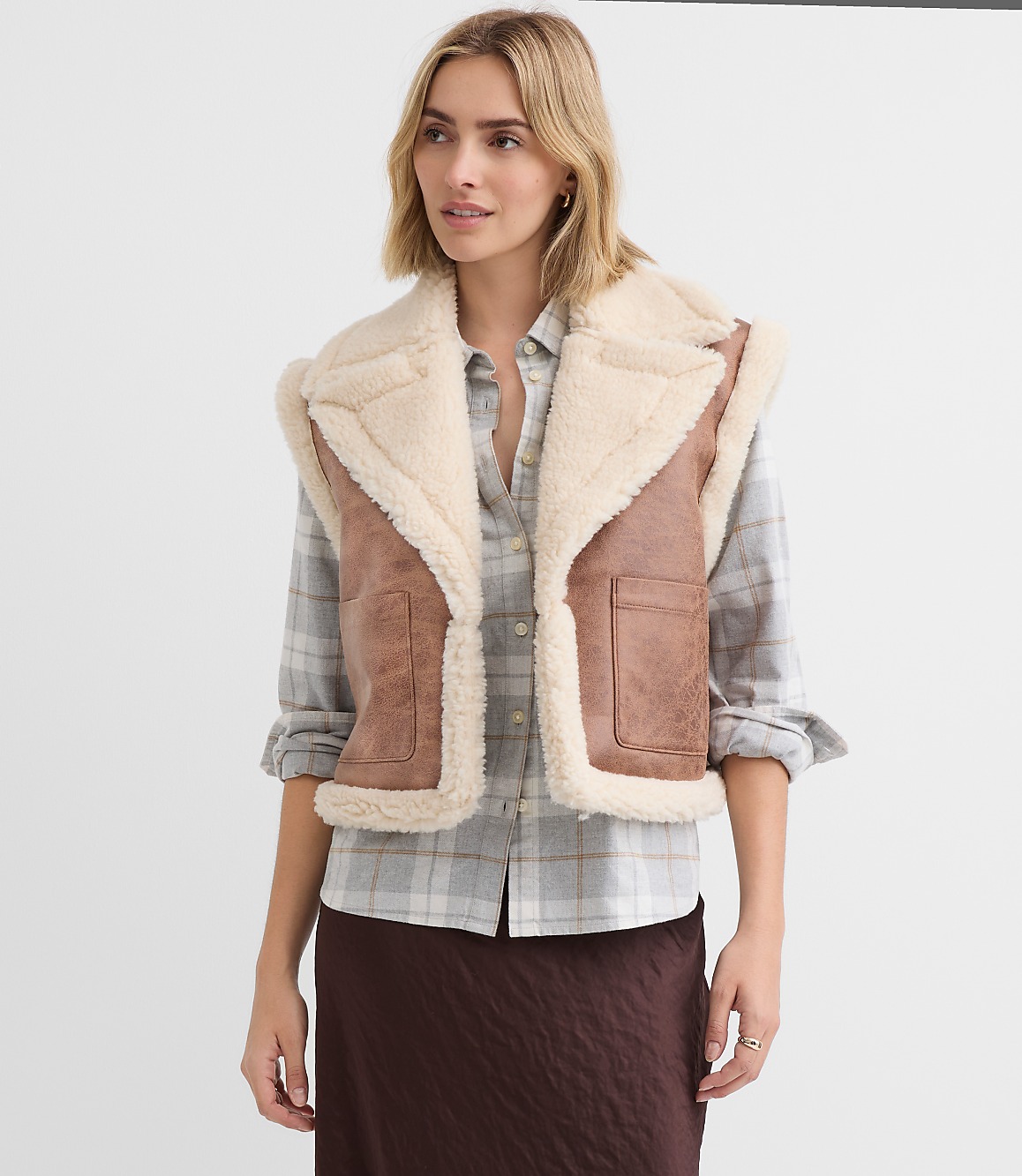 Petite Crackled Faux Suede Sherpa Vest