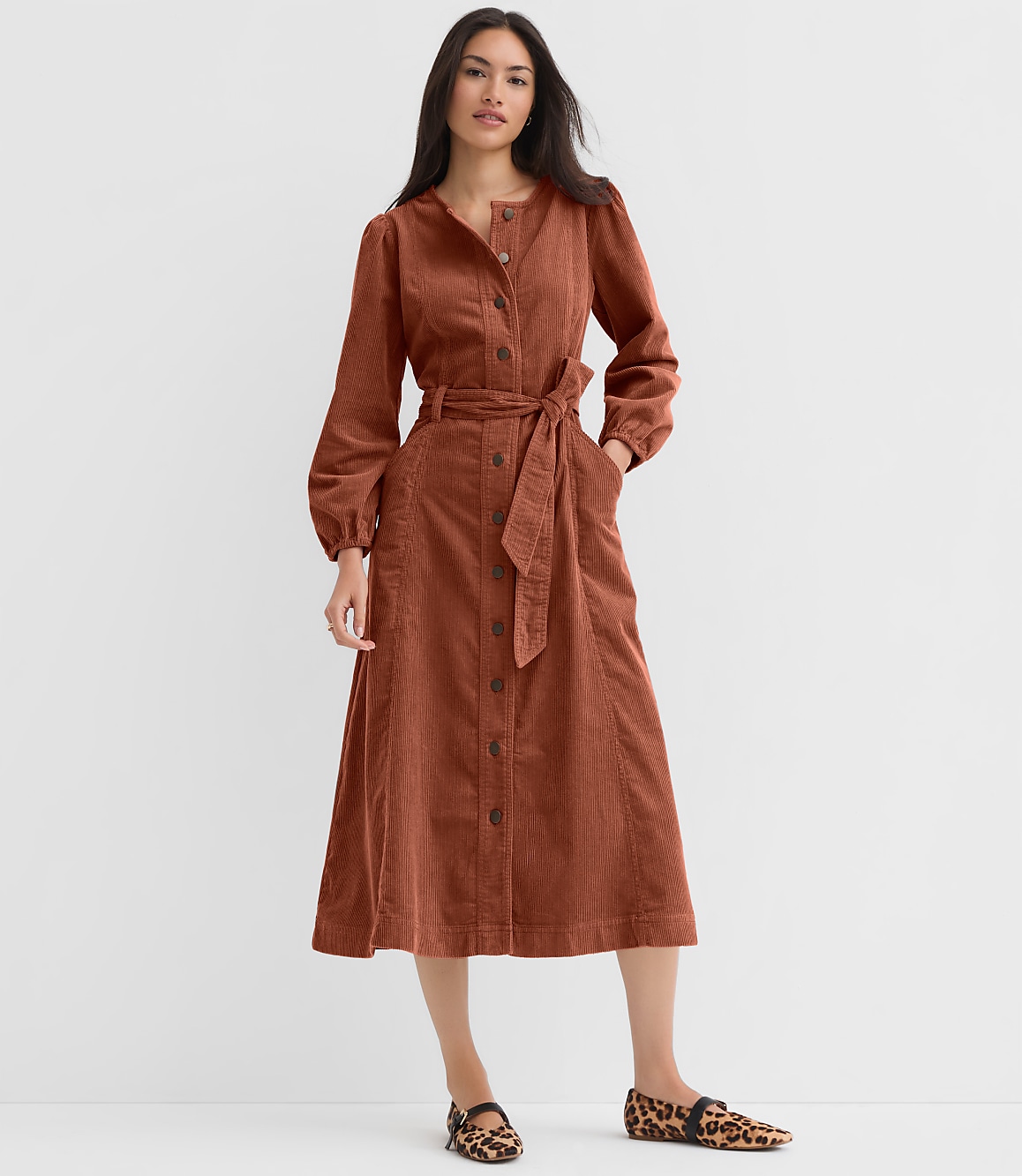 Petite Corduroy Seamed Belted Midi Pocket Dress