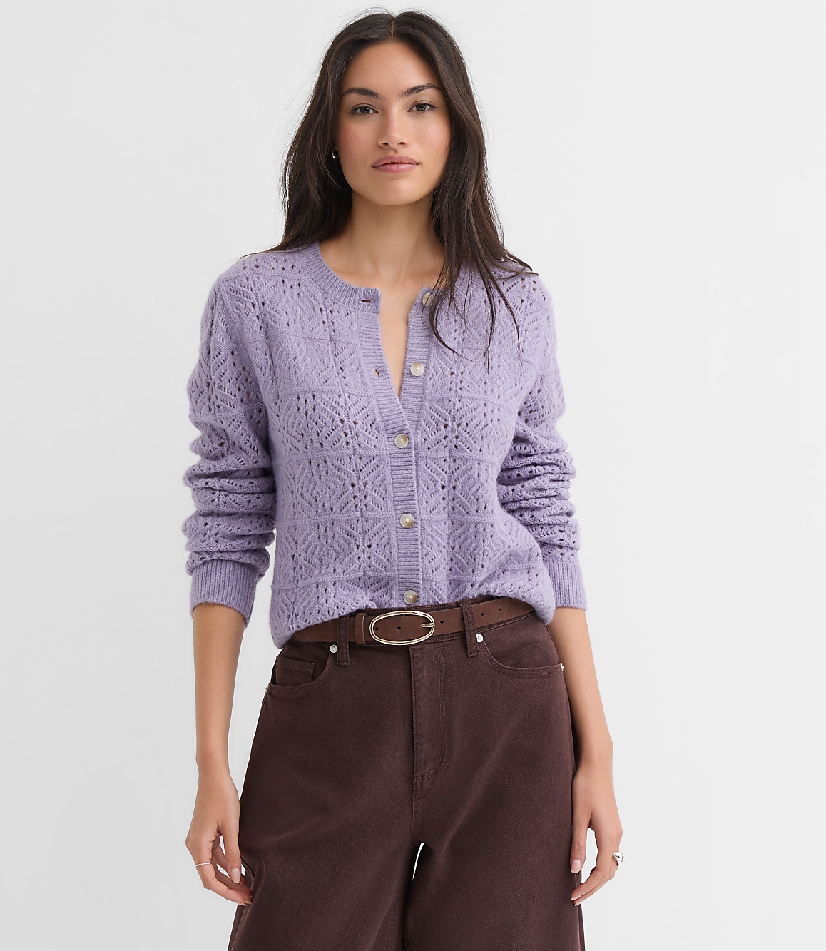 Petite Windowpane Pointelle Cardigan
