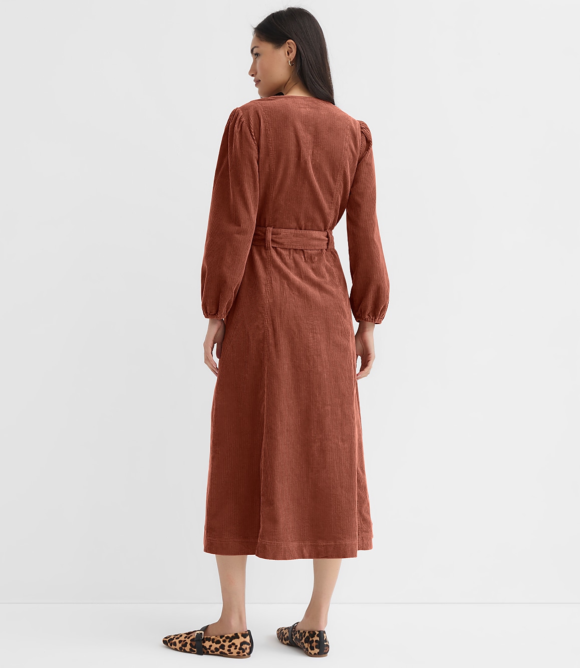 Corduroy Seamed Belted Midi Pocket Dress