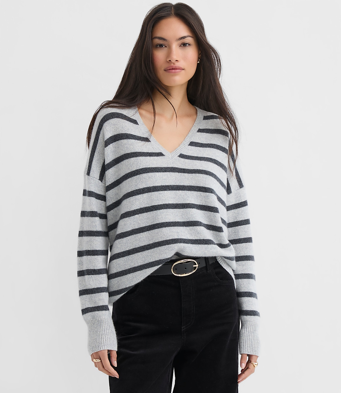 Stripe Relaxed V-Neck Cashmere Sweater