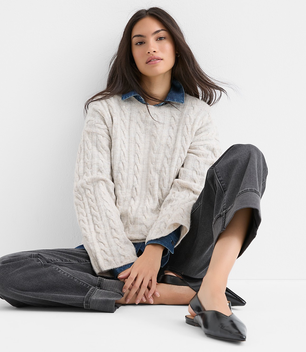 Heathered Wide Sleeve Cable Sweater