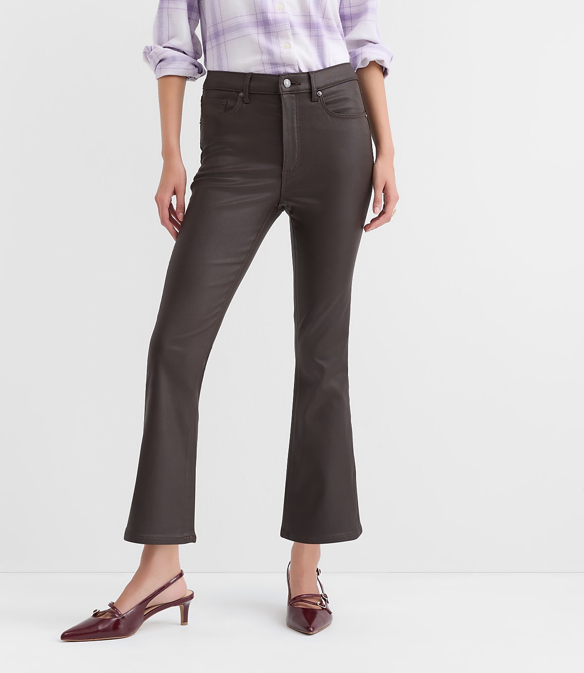 Coated High Rise Kick Crop Jeans in Brown