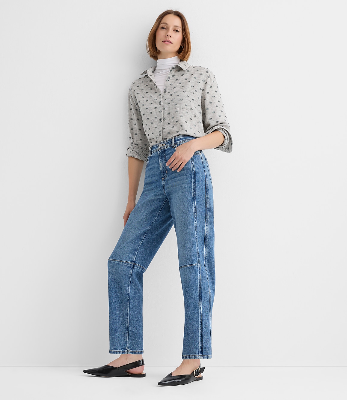 Petite High Rise Barrel Jeans in Classic Mid Wash