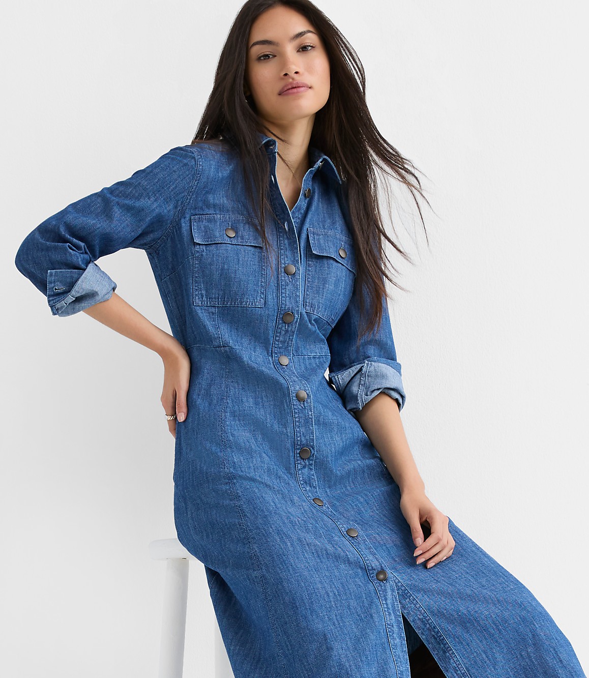 Chambray Seamed Midi Pocket Shirtdress
