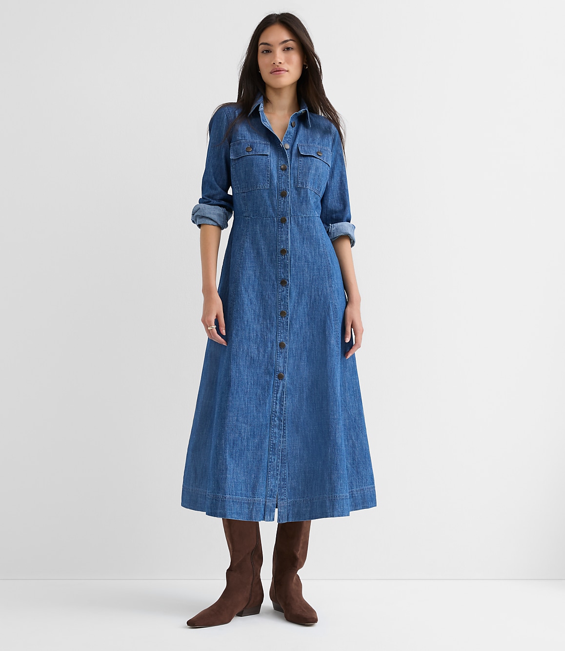Petite Chambray Seamed Midi Pocket Shirtdress