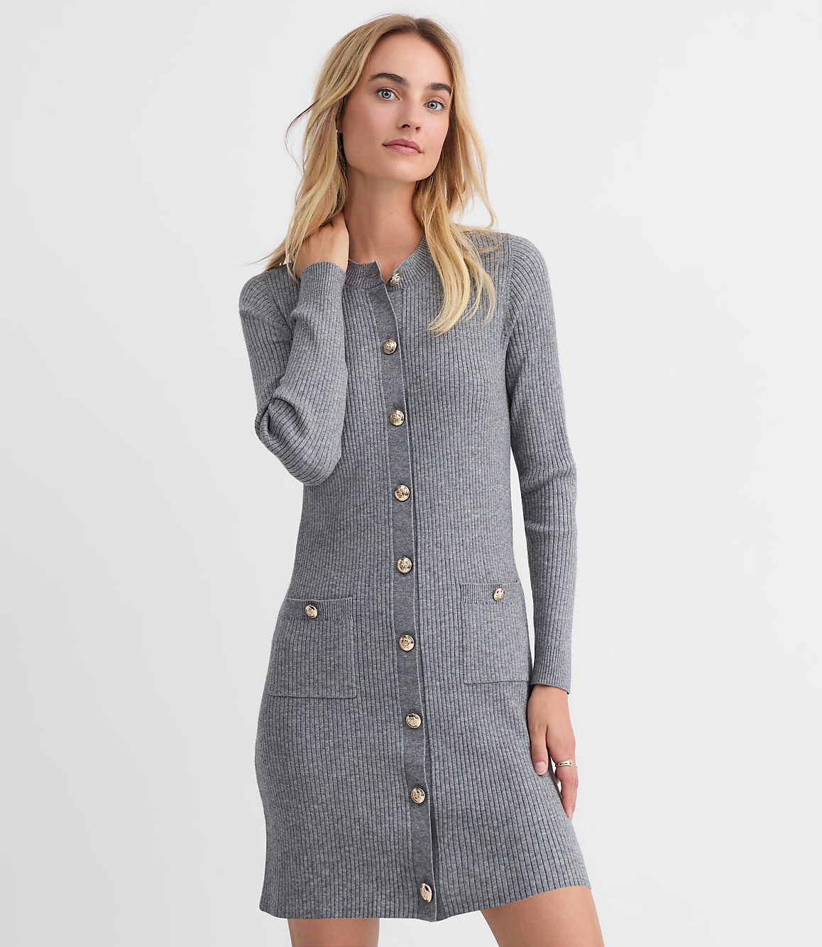 Petite Ribbed Button Pocket Mini Sweater Dress